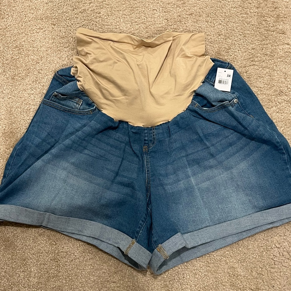3X Motherhood Indigo Blue Plus Size Secret Fit Belly Roll Hem Maternity Shorts
